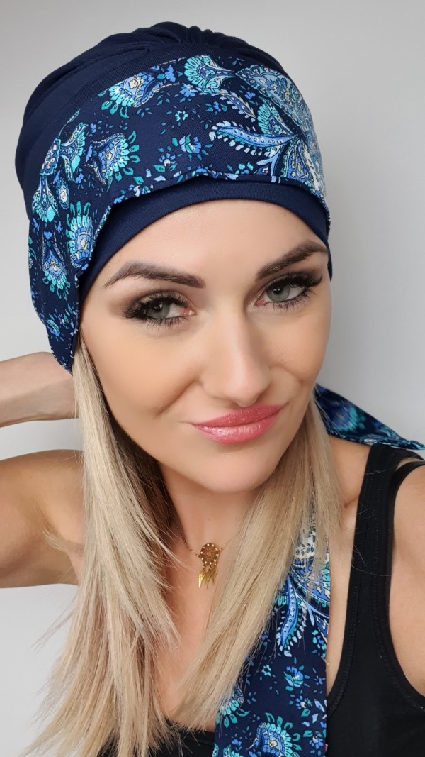 Námornícky modrý turban Lena - po chemoterapii - Internetový obchod